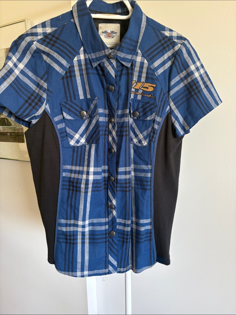 Harley-Davidson Blue Plaid Short Sleeve Shirt with Patch Back